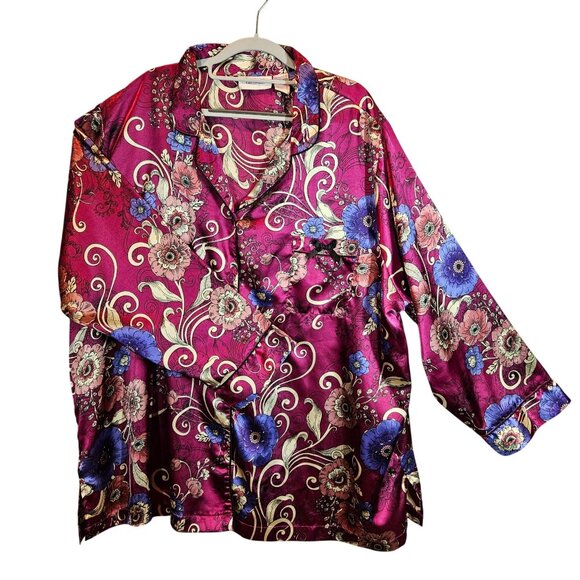 Amoureuse 2-Piece Satin Pajama Set 3X Floral Button Shirt Elastic Waist Pants - Picture 2 of 15